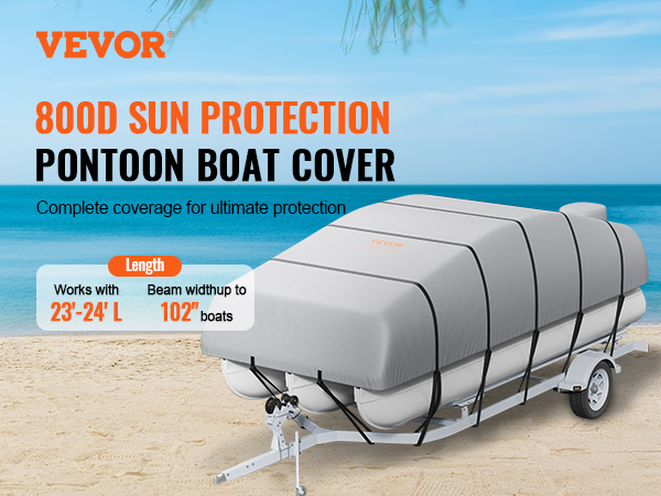 VEVOR pontoon boat cover on trailer at beach, offers 800d sun protection for 23'-24' l boats, up to 102" beam width.