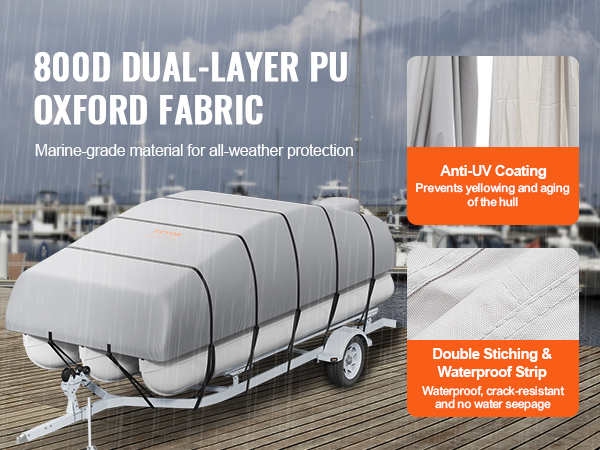 VEVOR pontoon boat cover made of 800d dual-layer pu oxford fabric with anti-uv coating and waterproof strip.
