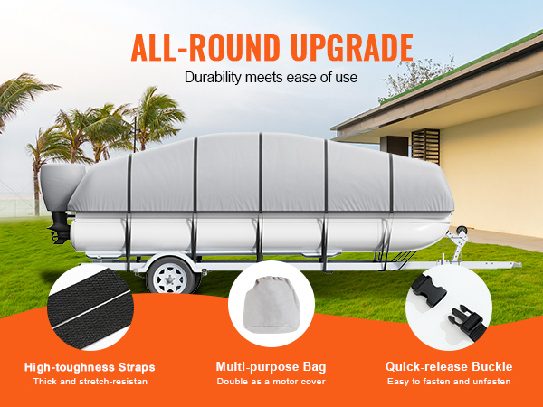 VEVOR pontoon boat cover with high-toughness straps, multi-purpose bag, and quick-release buckle.