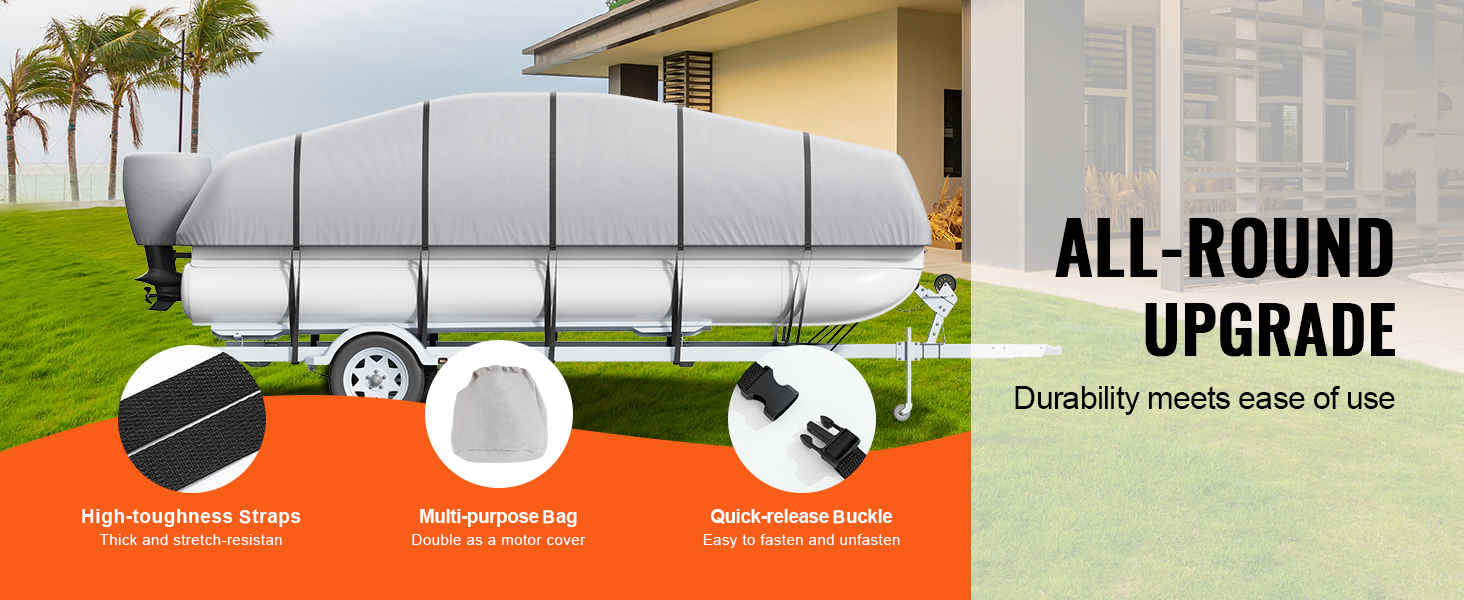 VEVOR pontoon boat cover with high-toughness straps, multi-purpose bag, and quick-release buckle.