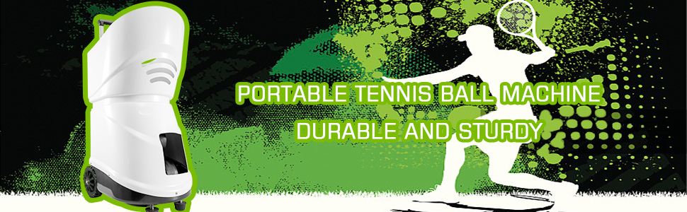 VEVOR portable tennis ball machine with white design and wheels for easy transport.