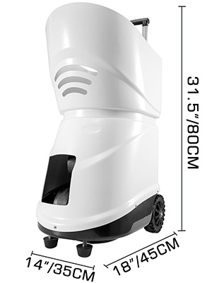 white VEVOR portable tennis ball machine with wheels and handle, 31.5" tall, 14"x18" base.