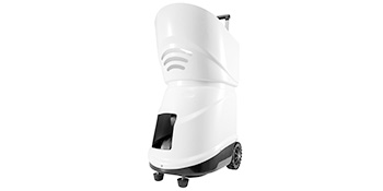 VEVOR portable tennis ball machine with wheels, white and black, sleek design.