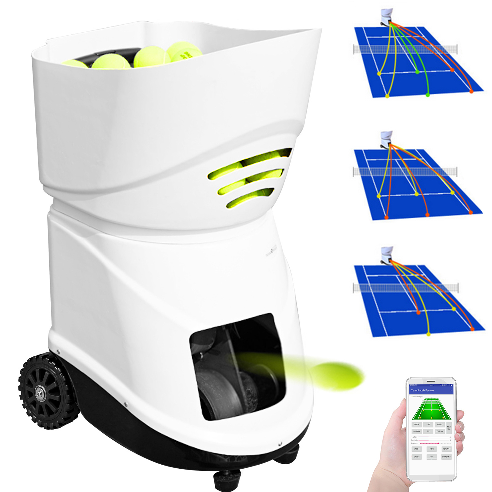 VEVOR portable tennis ball machine with app control and court drill diagrams.