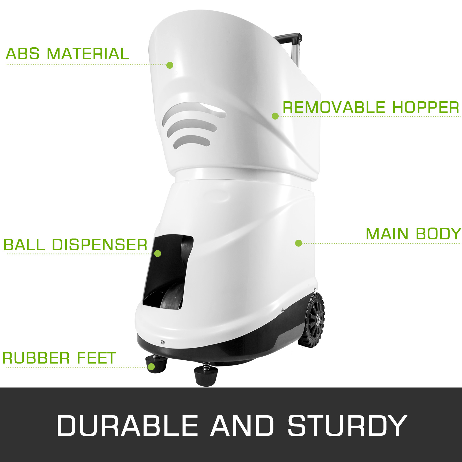 VEVOR portable tennis ball machine with removable hopper, ball dispenser, and rubber feet.