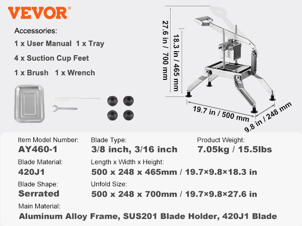 VEVOR tomato slicer model ay460-1 with aluminum alloy frame, serrated 420j1 blade, and accessories included.