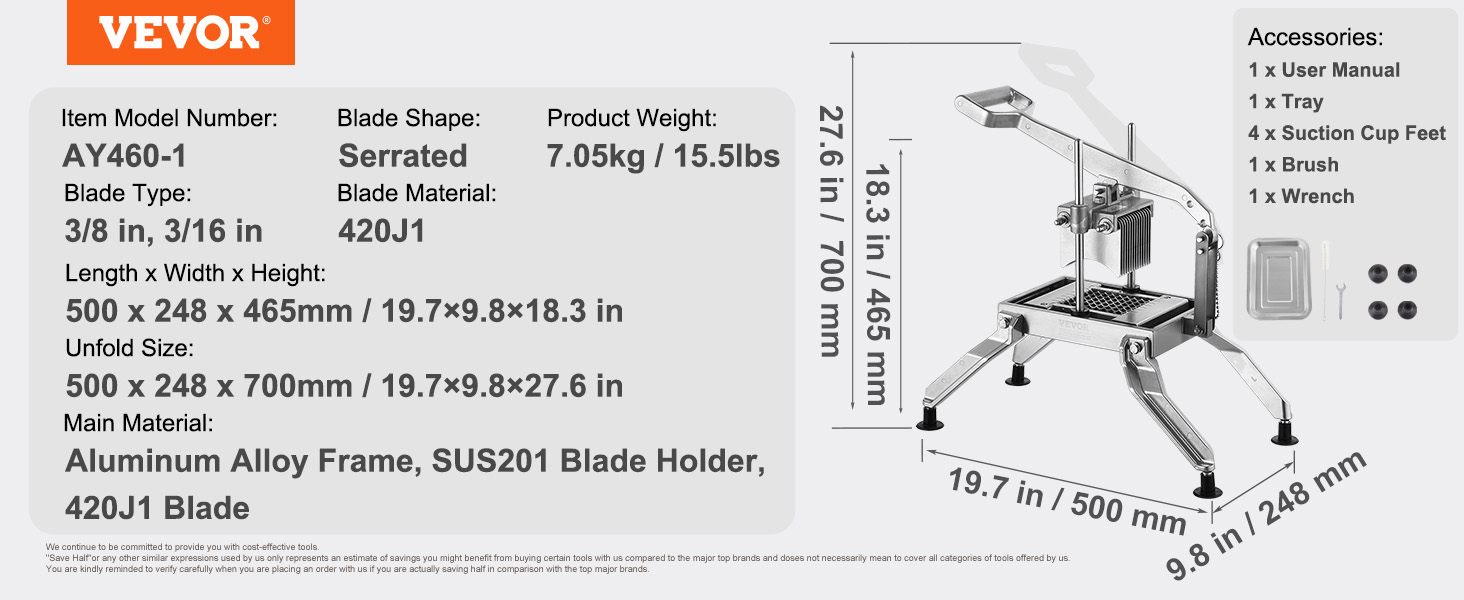 VEVOR tomato slicer model ay460-1 with aluminum alloy frame, serrated 420j1 blade, and accessories included.