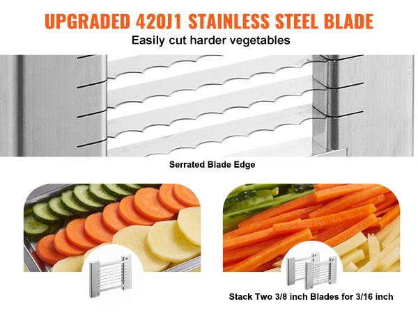 VEVOR tomato slicer with upgraded 420j1 stainless steel blades to cut harder vegetables easily.
