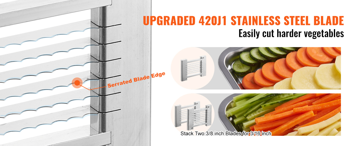 VEVOR tomato slicer with upgraded 420j1 stainless steel blades to cut harder vegetables easily.
