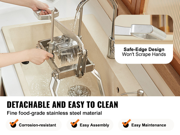 VEVOR tomato slicer being cleaned under a faucet, showcasing its stainless steel material and easy assembly.