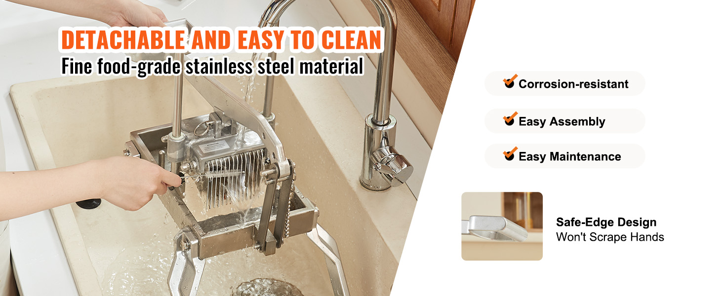 VEVOR tomato slicer being cleaned under a faucet, showcasing its stainless steel material and easy assembly.
