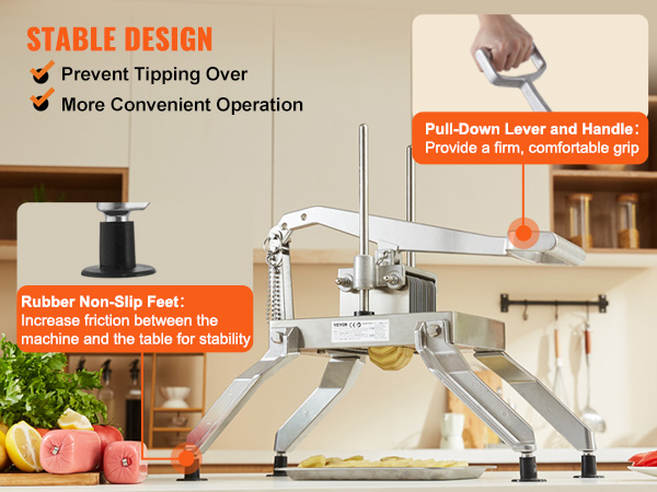 VEVOR tomato slicer in a kitchen with rubber non-slip feet, pull-down lever, and stable design features.