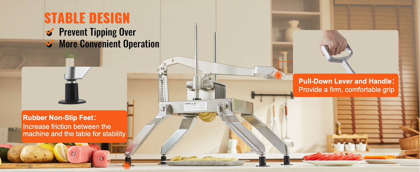 VEVOR tomato slicer in a kitchen with rubber non-slip feet, pull-down lever, and stable design features.