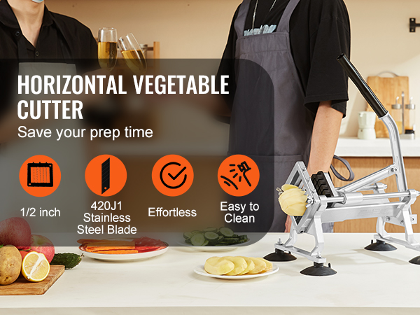 VEVOR vegetable slicer effortlessly cuts potatoes and veggies with its 420j1 stainless steel blade. easy to clean.