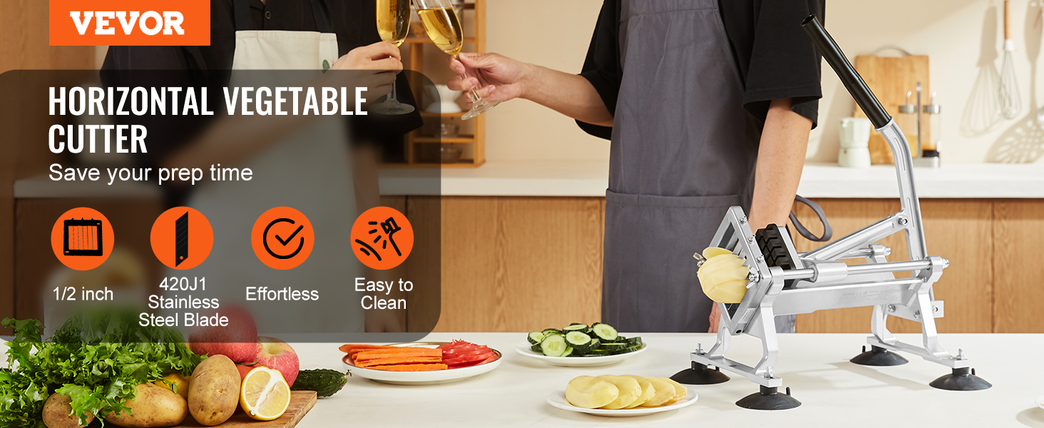 VEVOR vegetable slicer effortlessly cuts potatoes and veggies with its 420j1 stainless steel blade. easy to clean.