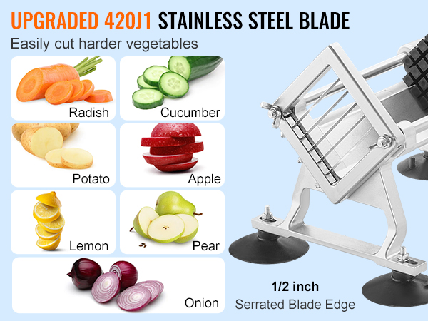 VEVOR vegetable slicer with upgraded 420j1 stainless steel blade for easy slicing, 1/2 inch serrated edge.