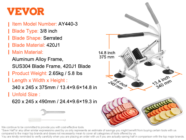 VEVOR vegetable slicer with serrated 3/8 inch blade, 14.8-inch height, and aluminum alloy frame, detailed specs.