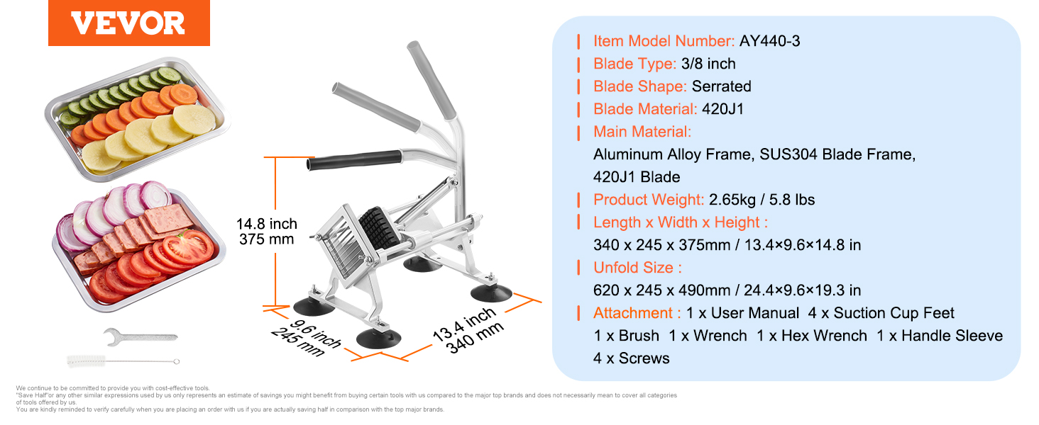 VEVOR vegetable slicer with serrated 3/8 inch blade, 14.8-inch height, and aluminum alloy frame, detailed specs.