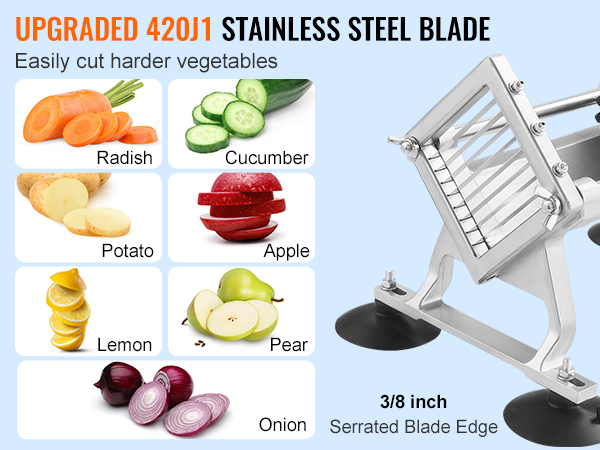 VEVOR vegetable slicer: 420j1 stainless steel blade slices vegetables like carrots, cucumbers, and potatoes.