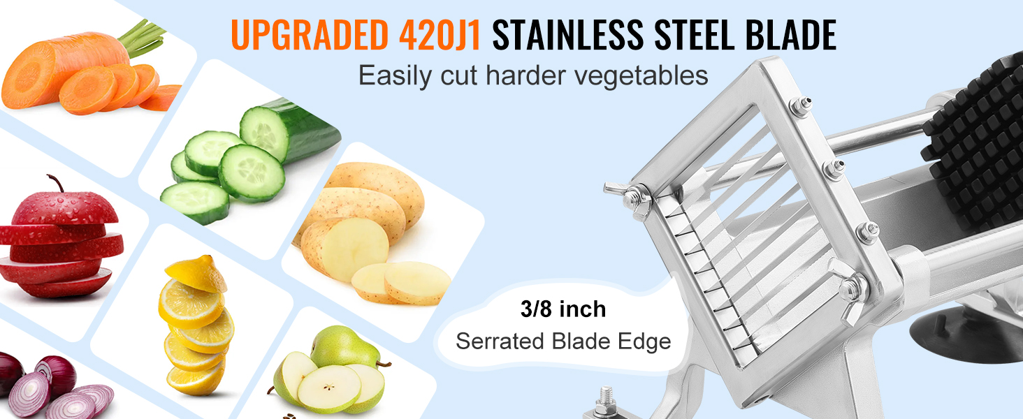 VEVOR vegetable slicer: 420j1 stainless steel blade slices vegetables like carrots, cucumbers, and potatoes.