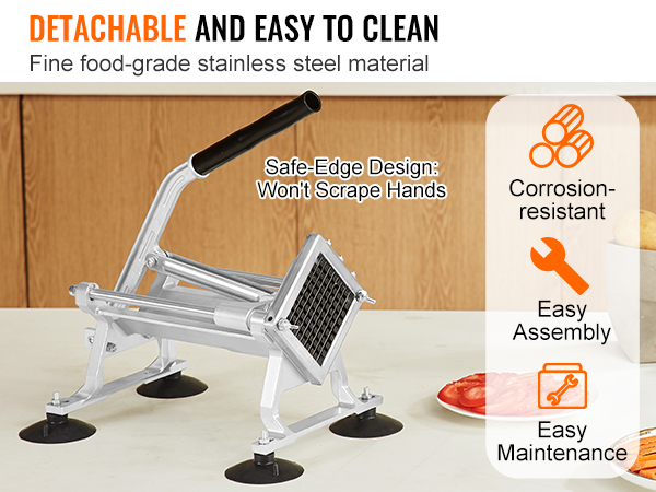VEVOR vegetable slicer with stainless steel body, safe-edge design, easy assembly, and maintenance.