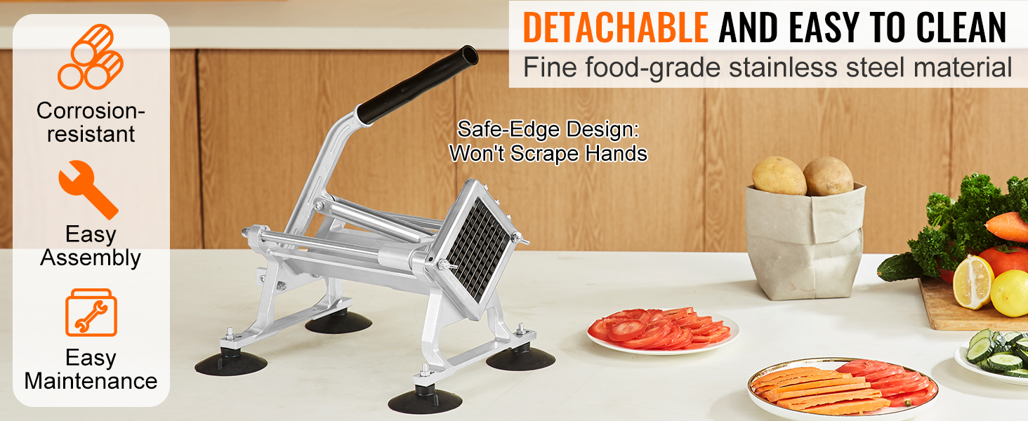 VEVOR vegetable slicer with stainless steel body, safe-edge design, easy assembly, and maintenance.