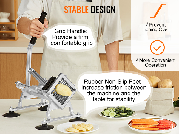 VEVOR vegetable slicer with grip handle, rubber non-slip feet, and sliced veggies on a kitchen counter.