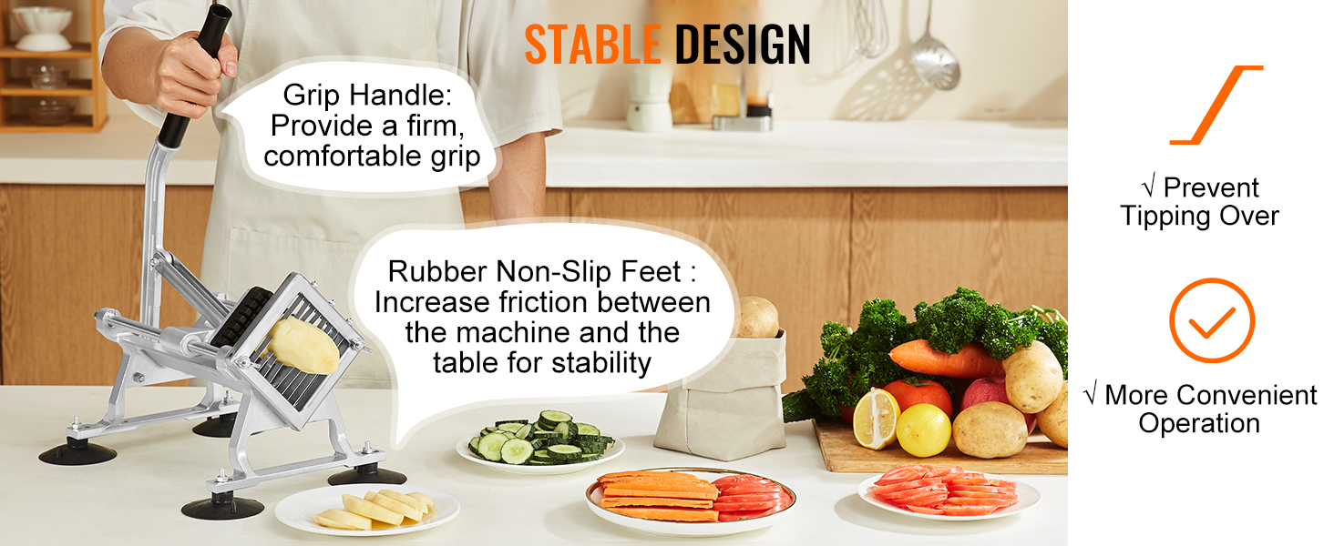 VEVOR vegetable slicer with grip handle, rubber non-slip feet, and sliced veggies on a kitchen counter.