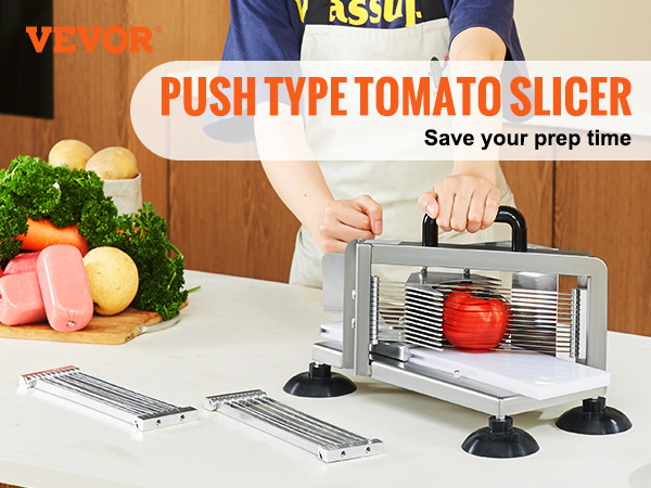 VEVOR tomato slicer showing easy-to-clean, effortless slicing with 420j1 stainless steel blades.