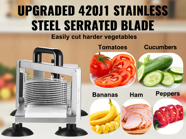 VEVOR tomato slicer with upgraded stainless steel serrated blades for easy vegetable slicing.
