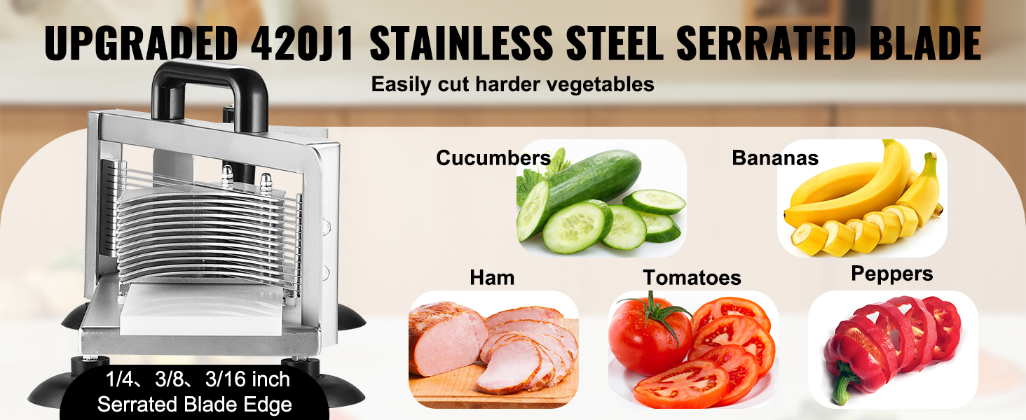 VEVOR tomato slicer with upgraded stainless steel serrated blades for easy vegetable slicing.