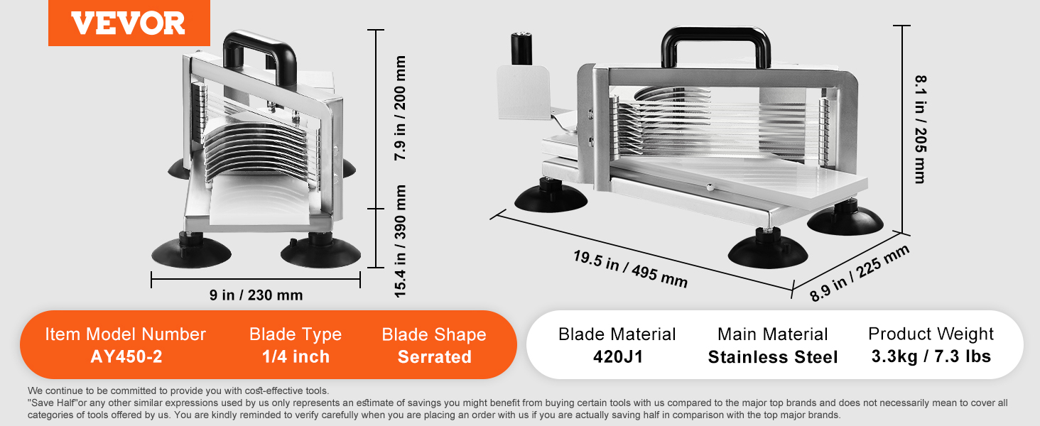VEVOR tomato slicer with serrated blade, stainless steel, 15.4x9 inches, model ay450-2, 7.3 lbs.