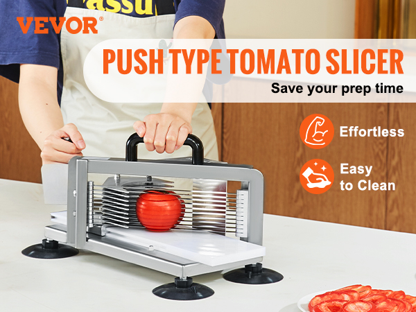 VEVOR tomato slicer with 420j1 stainless steel blade slicing tomato, plates with tomato slices nearby.