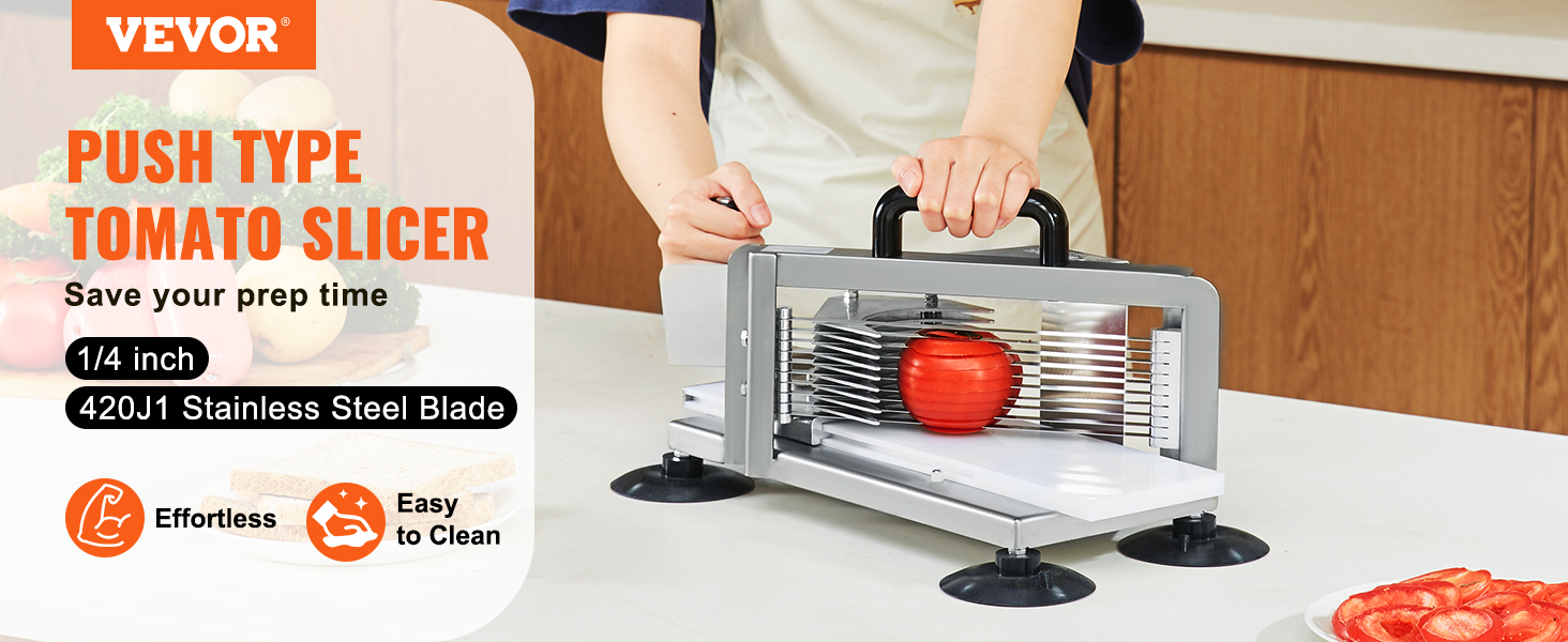 VEVOR tomato slicer with 420j1 stainless steel blade slicing tomato, plates with tomato slices nearby.