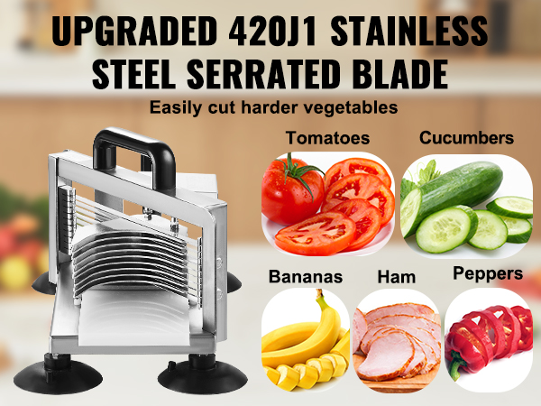 upgraded stainless steel VEVOR tomato slicer with serrated blade for vegetables, ham, and fruits.