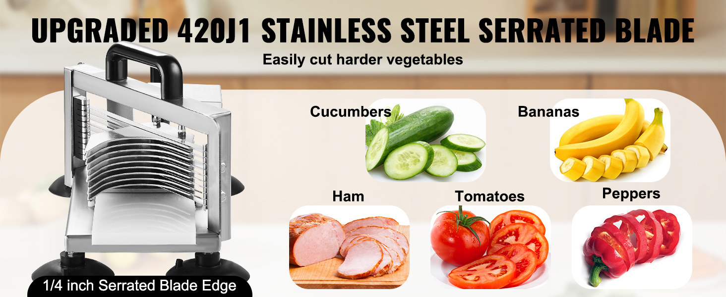 upgraded stainless steel VEVOR tomato slicer with serrated blade for vegetables, ham, and fruits.