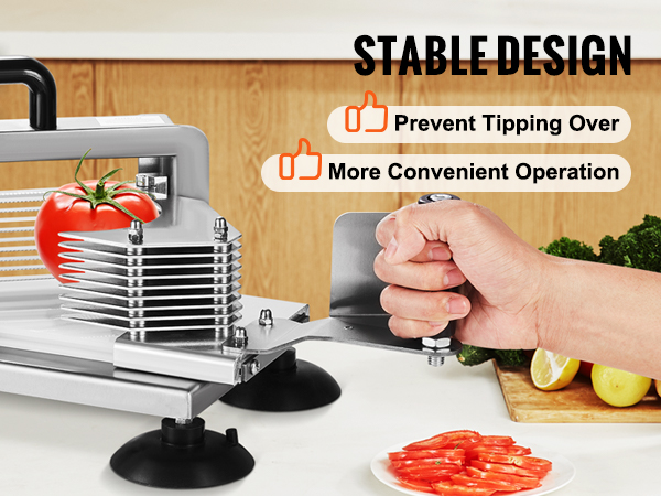 VEVOR tomato slicer with serrated blades, rubber non-slip feet, and easy-grip handle for quick slicing.
