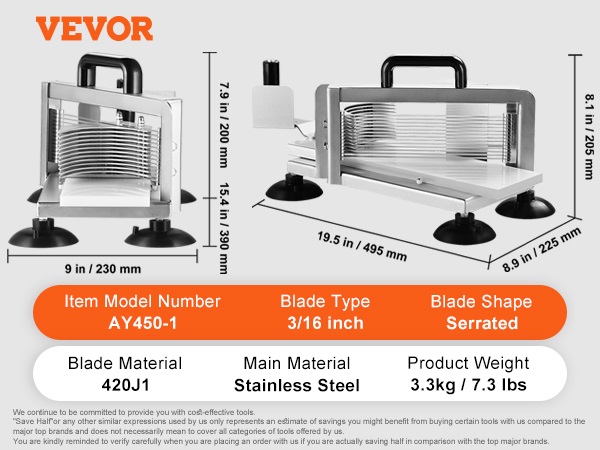 VEVOR tomato slicer, stainless steel, 3/16 inch serrated blade, model ay450-1, weight 3.3kg.