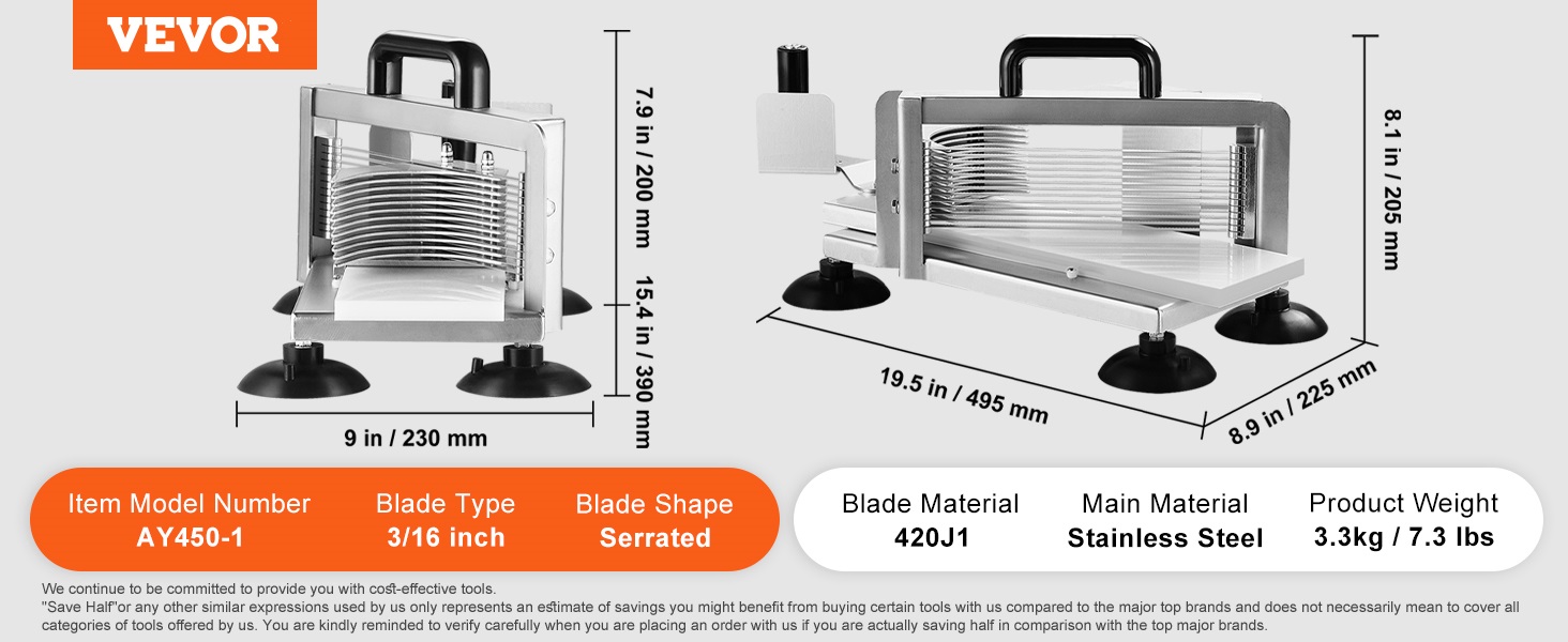 VEVOR tomato slicer, stainless steel, 3/16 inch serrated blade, model ay450-1, weight 3.3kg.