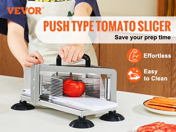 VEVOR tomato slicer with 420j1 stainless steel blade, slicing a tomato, and effortless cleanup.