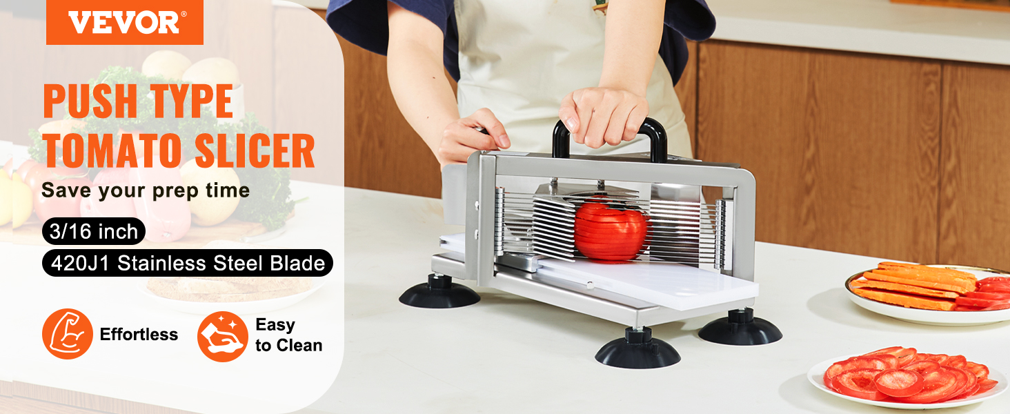 VEVOR tomato slicer with 420j1 stainless steel blade, slicing a tomato, and effortless cleanup.
