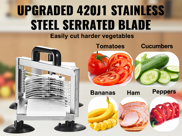 VEVOR tomato slicer with 420j1 stainless steel serrated blade slices cucumbers, bananas, ham, tomatoes, and peppers.