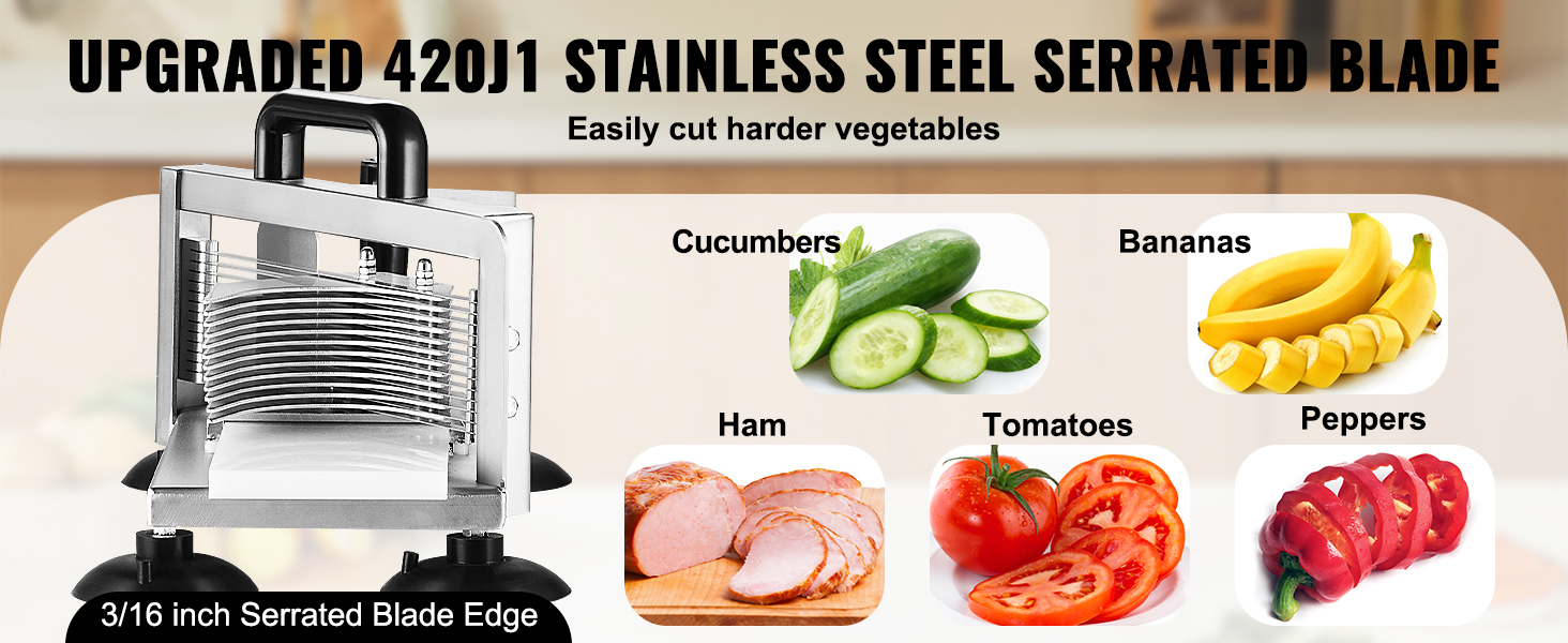 VEVOR tomato slicer with 420j1 stainless steel serrated blade slices cucumbers, bananas, ham, tomatoes, and peppers.