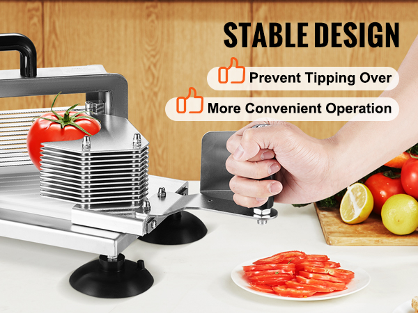 hand slicing VEVOR tomato slicer with serrated blade, rubber non-slip feet, and quick slicing features displayed.