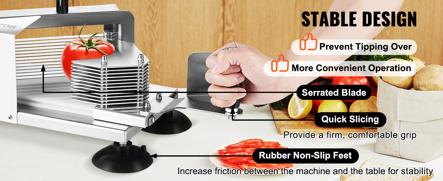 hand slicing VEVOR tomato slicer with serrated blade, rubber non-slip feet, and quick slicing features displayed.