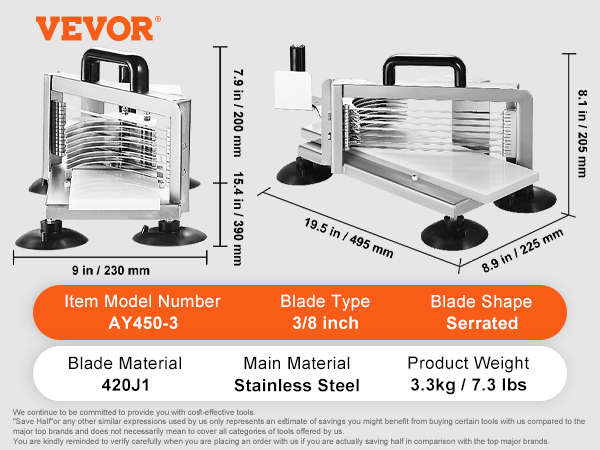 VEVOR tomato slicer, ay450-3, 3/8-inch serrated blades, stainless steel, 7.3 lbs, dimensions detailed.