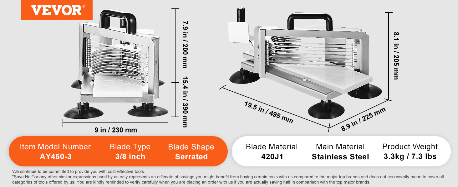 VEVOR tomato slicer, ay450-3, 3/8-inch serrated blades, stainless steel, 7.3 lbs, dimensions detailed.