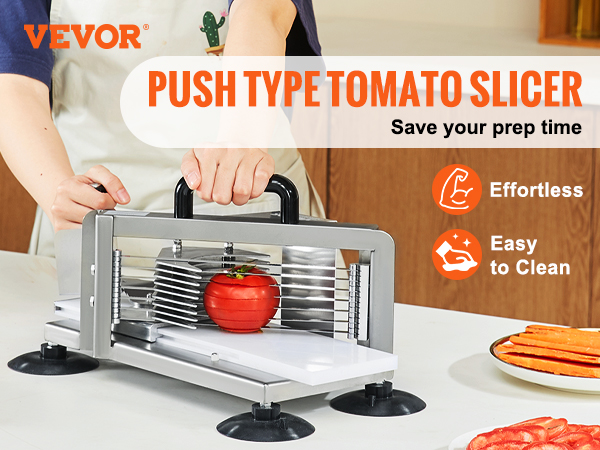 VEVOR tomato slicer with 3/8 inch 420j1 stainless steel blade; effortless, easy-to-clean kitchen tool.
