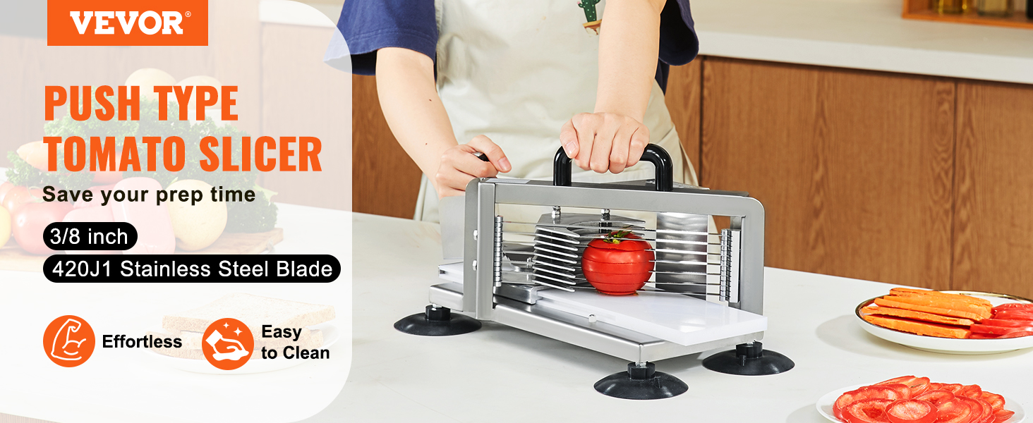 VEVOR tomato slicer with 3/8 inch 420j1 stainless steel blade; effortless, easy-to-clean kitchen tool.