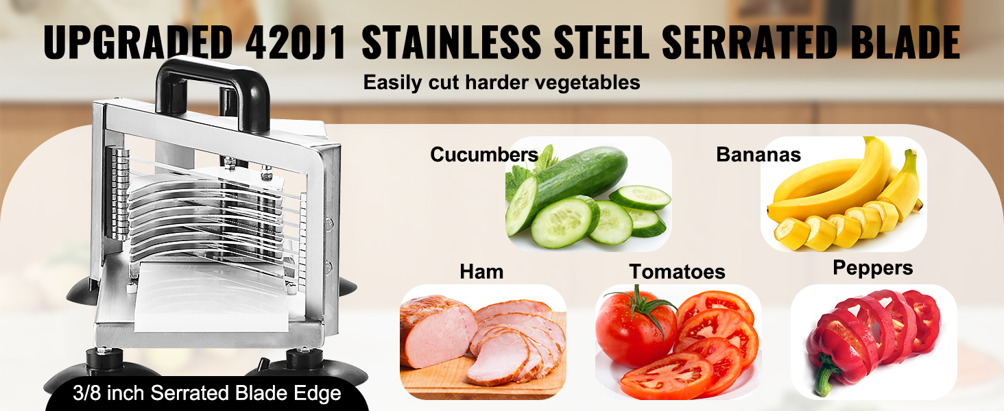 VEVOR tomato slicer with 420j1 stainless steel serrated blade, perfect for cucumbers, bananas, ham, and peppers.